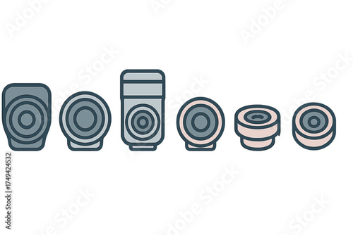 Stylized icons of camera lenses and various optical elements