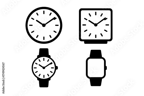 Four black and white icons representing various timekeeping devices