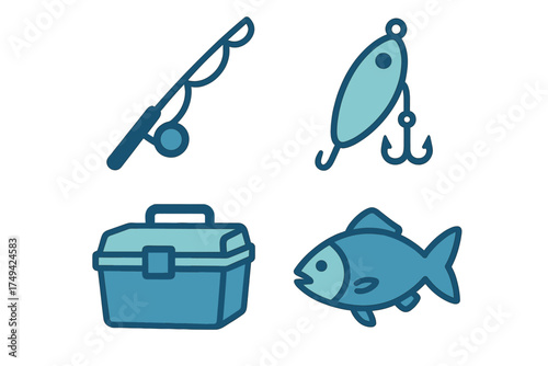 Set of four blue fishing icons including rod, lure, tackle box, and fish