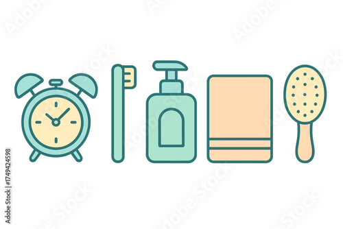 Set of icons for morning routine hygiene and time management tasks