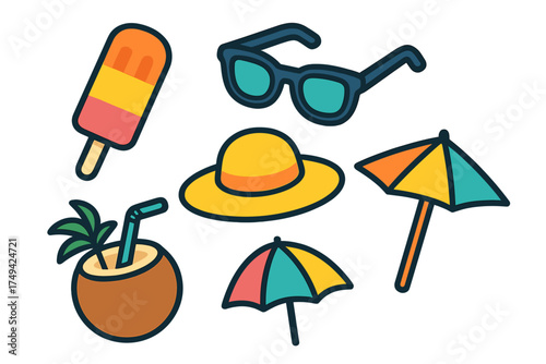 Vibrant summer vacation symbols including popsicle sunglasses sun hat and tropical drink