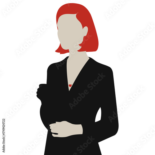 Woman with red hair and a small heart pendant. Minimalist illustration representing love, care, or a secret admirer. For Valentine's day.