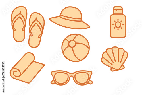 Essential icons for summer vacation and beach travel accessories