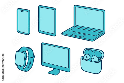 Isometric collection of modern electronic gadgets and devices