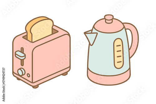 Isometric set of modern kitchen small appliances including toaster and kettle