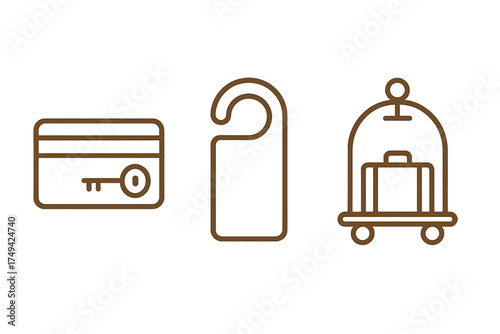Hotel service icons featuring key card, door hanger, and luggage cart