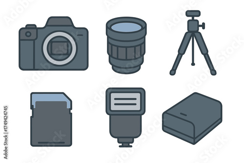 Essential digital photography equipment icons and symbols for image capture