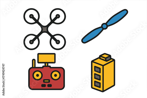 Set of drone components including quadcopter body, propeller, remote control, and battery