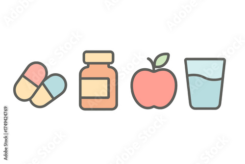 Vitamins supplements pills apple and water icons for healthy lifestyle