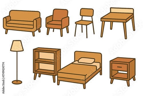 Set of simple brown wooden furniture icons for living room and bedroom