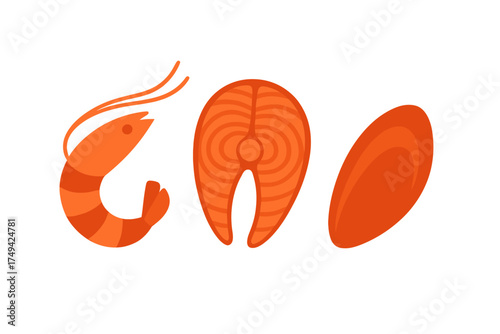 Collection of raw seafood icons featuring shrimp, salmon steak, and mussel shapes
