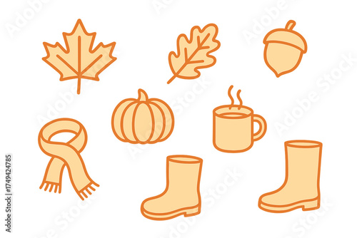 Set of simple orange outline icons representing autumn season elements