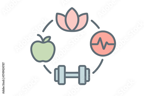 Healthy lifestyle balance icons cycle with nutrition fitness and meditation