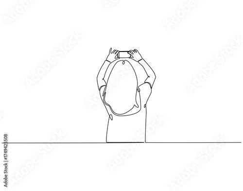 Continuous line drawing of woman selfie. Single line illustration of woman taking picture with phone. Lifestyle, pretty model concept. Editable outline