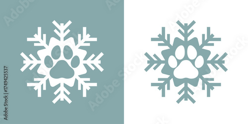 Tiempo de Navidad. Logo pet friendly. Copo de nieve con zarpa de perro o gato para su uso en felicitaciones y tarjetas