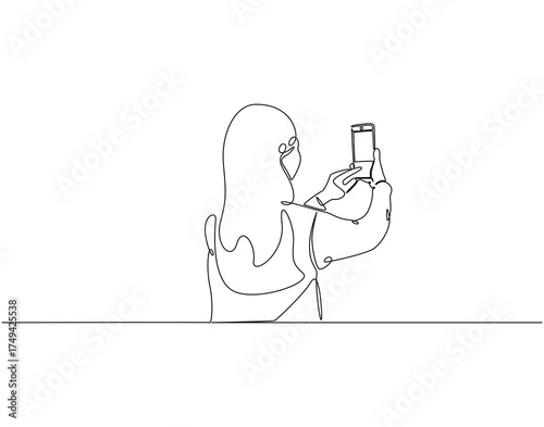 Continuous line drawing of woman selfie. Single line illustration of woman taking picture with phone. Lifestyle, pretty model concept. Editable outline