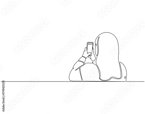 Continuous line drawing of woman selfie. Single line illustration of woman taking picture with phone. Lifestyle, pretty model concept. Editable outline