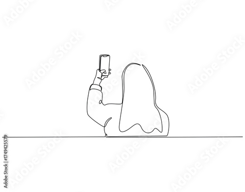 Continuous line drawing of woman selfie. Single line illustration of woman taking picture with phone. Lifestyle, pretty model concept. Editable outline