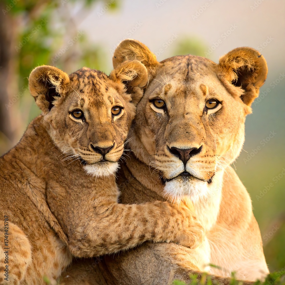 Obraz premium A lioness and her cub embrace, gazing intently at the viewer. Their golden fur glows in the soft, natural light