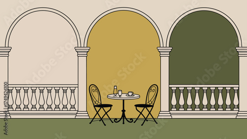 Illustration of a table and chairs on a balcony with arches and cream colored columns behind