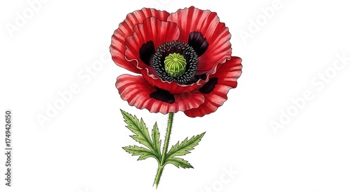 Vibrant Red Poppy Flower Illustration with Detailed Green Stem and Leaves.