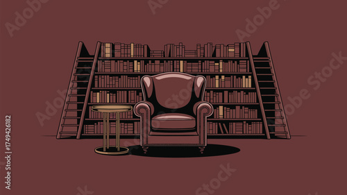 A cozy room with a chair and table in front of a bookshelf with ladders on each side in a brown setting