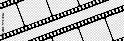 Old grunge movie film long strip, vintage filmstrip roll frame, vector photo background. Video or movie filmstrip overlay, cinema or photograph camera long film strip with transparent screen