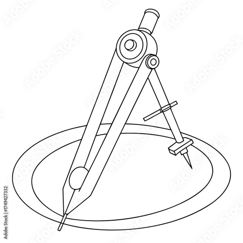 A classic drawing compass tool used for creating precise circles and arcs depicted in a clean black and white line art illustration on a white background