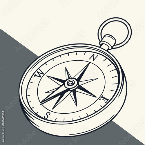 A classic navigational compass with a starburst design indicating cardinal directions north east south west on a simple background