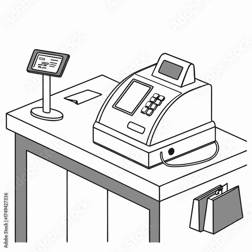 A clean line art illustration of a retail checkout counter featuring a vintage cash register a modern tablet display and shopping bags hanging on the side perfect for commerce and sales concepts
