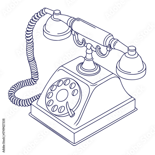 A classic vintage rotary dial telephone with a coiled cord and handset depicted as a clean line art illustration on a white background