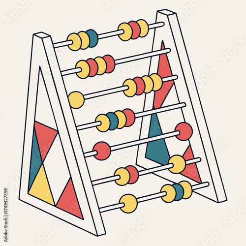 A colorful and geometric abacus toy with red yellow and blue beads on white rods and a triangular frame on a cream background