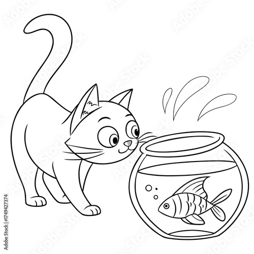 A curious cartoon cat with wide eyes leans in to observe a goldfish swimming in a round fishbowl with water splashing slightly above the surface in a playful illustration