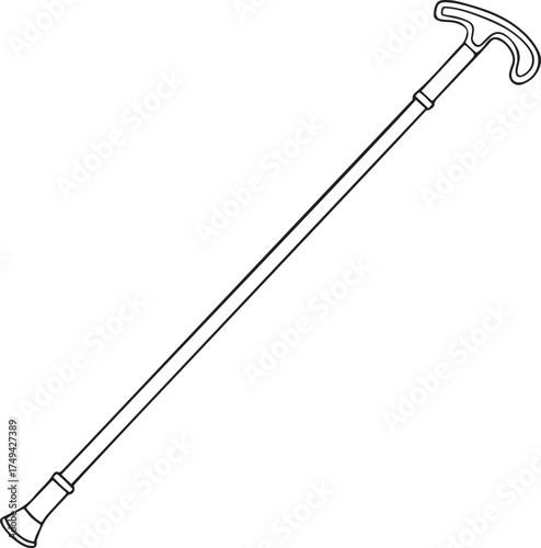 Black and white line art illustration of a walking cane with aT-shaped handle walking stick mobility aid