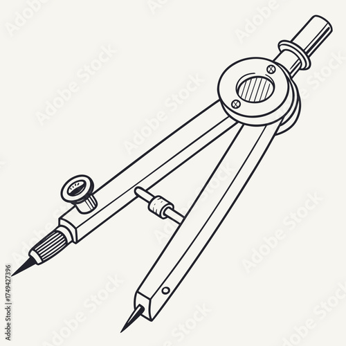 A detailed black and white line drawing illustration of a traditional drafting compass tool used for drawing circles and arcs on a plain background