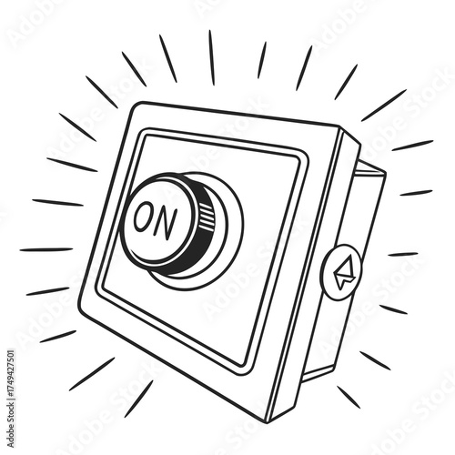 A hand drawn illustration of a square button with the word on clearly visible on its surface and radiating lines indicating power or activation