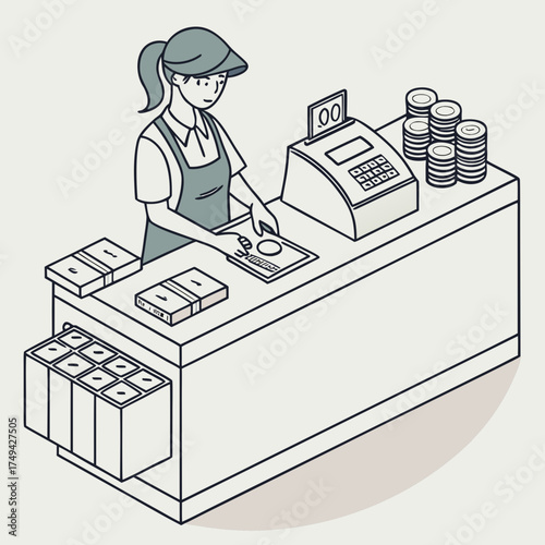 A friendly cashier wearing an apron and cap is diligently processing a transaction at a checkout counter with a cash register stacks of coins and bundles of cash
