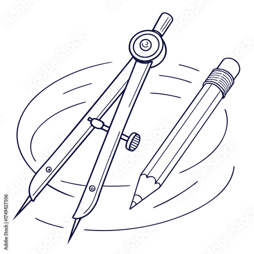 A hand drawn illustration of a drafting compass and a sharpened pencil are shown together suggesting geometry design and precision in creation