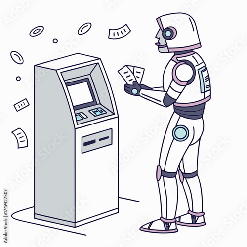 A futuristic robot character stands at a modern atm machine holding banknotes and interacting with the financial technology interface for a transaction