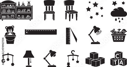 Childrens room icons with toys and furniture toy shelf