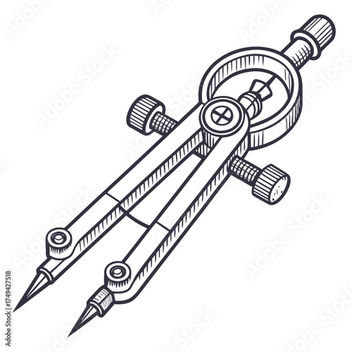 A hand drawn sketch of a vintage drafting compass tool with two sharp points and adjustable screws on a white background representing precision and geometric drawing