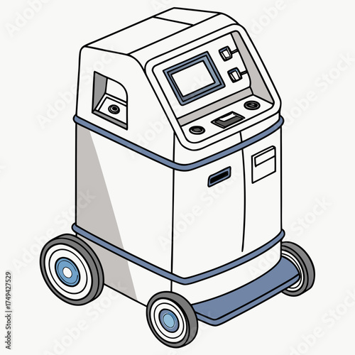 A modern medical device on wheels with a touch screen and control panel designed for advanced healthcare applications and patient care