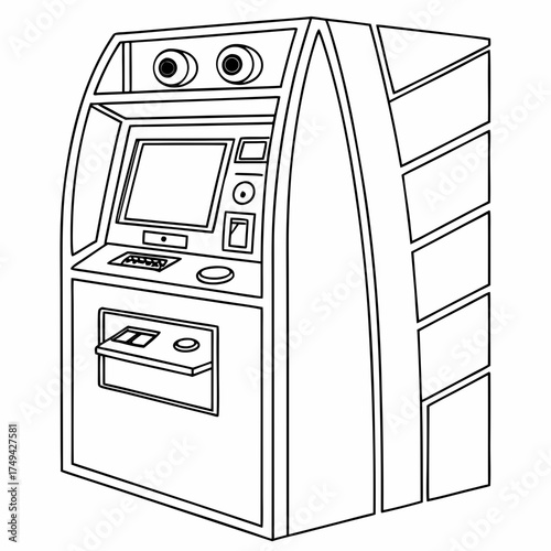 A simple black and white line drawing illustration of a modern automated teller machine with a screen keyboard and card slot for financial transactions