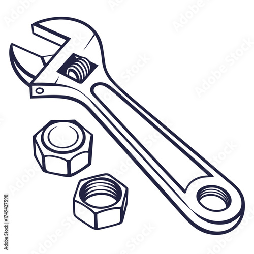 A simple line art illustration of an adjustable wrench and two hexagonal nuts on a white background representing tools and fasteners for mechanical work