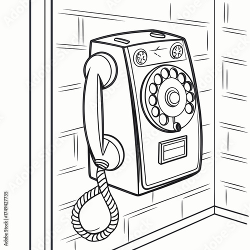 A vintage rotary dial wall mounted telephone with a coiled cord hangs on a brick wall in a corner a classic communication device illustration