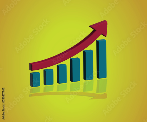 3D Business graph chart icon on yellow background. Growth 3d icon. Growth finance graph chart. Business graph chart. 3d style business, finance icon. Increase chart icon	