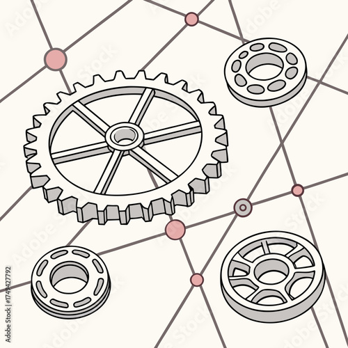 Abstract isometric illustration of interconnected gears and circular components forming a network on a light background with subtle pink dots and connecting lines