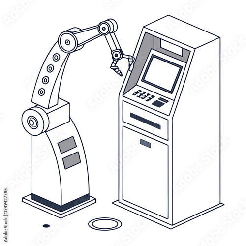 An isometric illustration of a robotic arm interacting with a modern kiosk machine featuring a touchscreen and keypad for automated service and technology