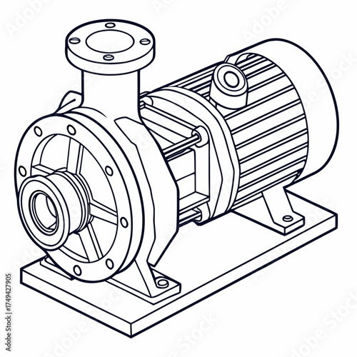 Detailed isometric line drawing of a centrifugal pump with an electric motor showcasing its industrial design and mechanical components on a white background