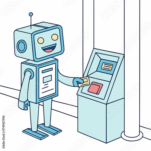 Friendly cartoon robot inserting a credit card into a modern atm machine for a transaction in a clean bright environment